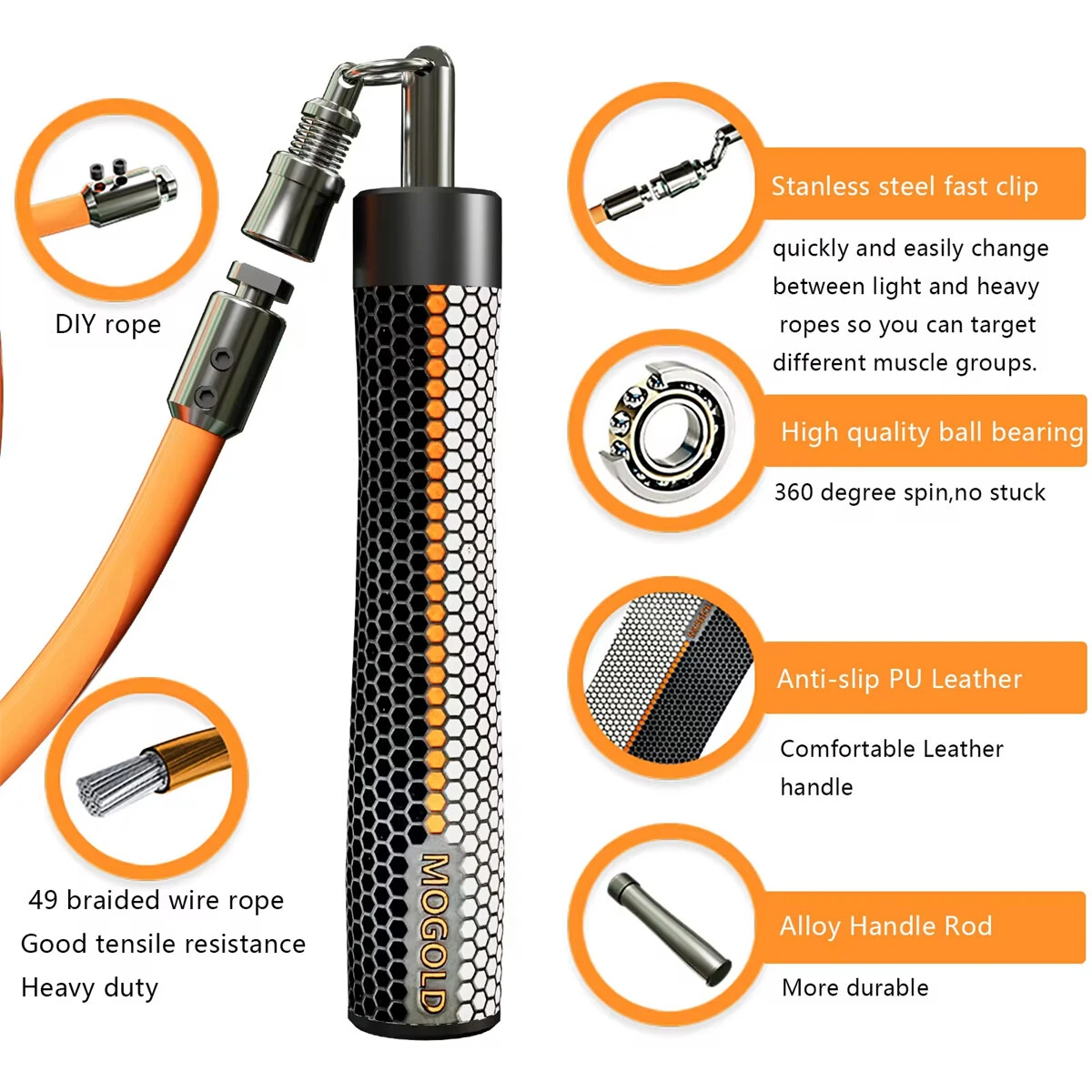 (image for) Mogold Weighted Jump Ropes Adjustable Length Weights 360 Degree Spin Ergonomics Grip Skipping Rope for Fitness Sports Training